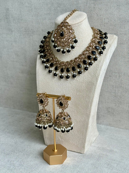Ayura Designs Emaan Set with Jhumkis & Tikka – Black Beads, Mirror-Cut Stones & Antique Gold Finish