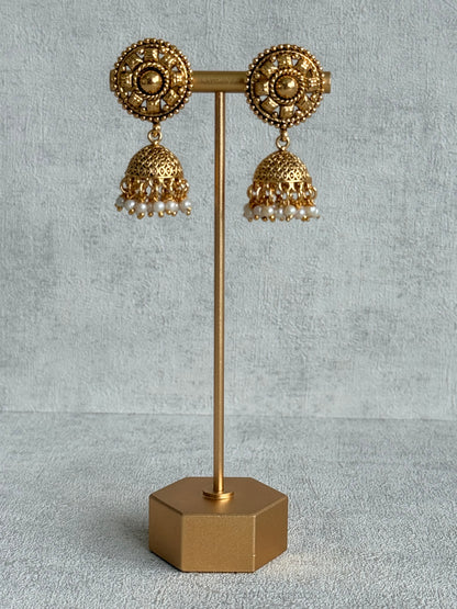 Ayura Designs Iksirat Necklace Set with Jhumkis & Tikka – Gold Heritage Design with Pearl Detailing