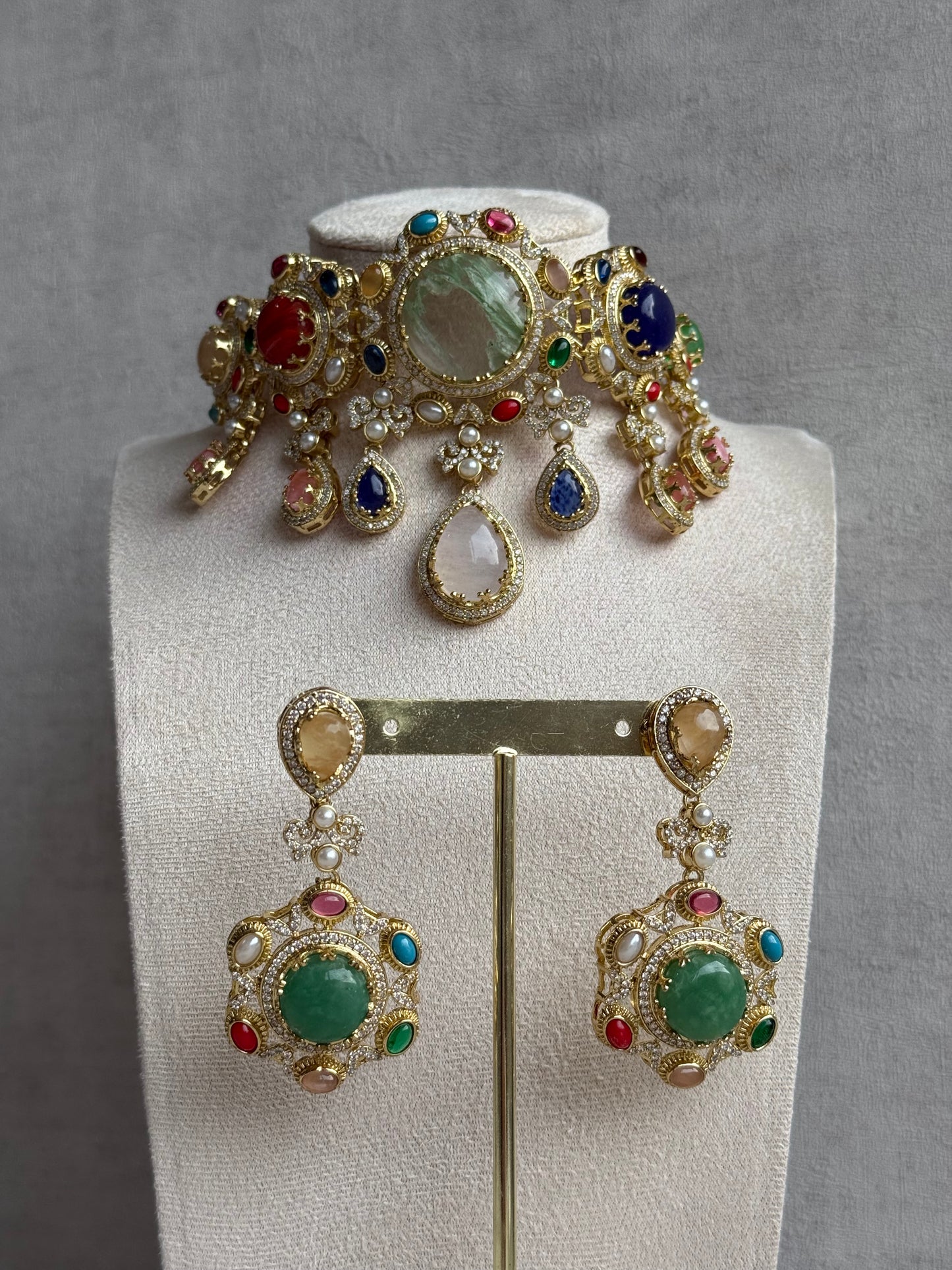 Ayura Designs Willow Choker Set – Statement Multicolour Stone Choker with Pearls & Antique Gold Detailing