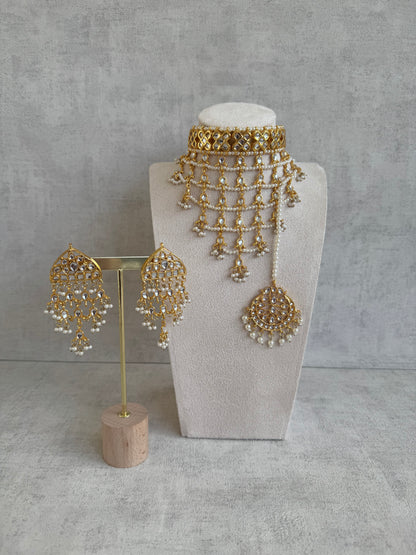 Ayura Designs Basant Set with Choker, Earrings & Tikka – Mirror-Cut Stones, Pearl Fringe & Antique Gold Finish