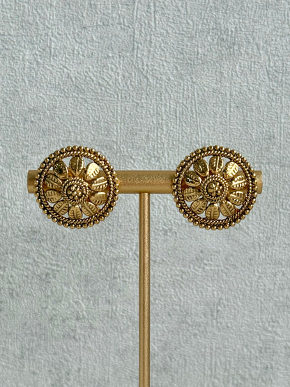 Ayura Designs Sathya Necklace Set with Stud Earrings – Antique Gold Temple Style with Textured Beadwork