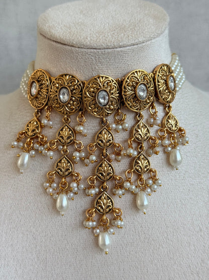 Ayura Designs Mohak Choker Set with Earrings & Tikka – Gold Waterfall Design with Kundan & Pearl Drops