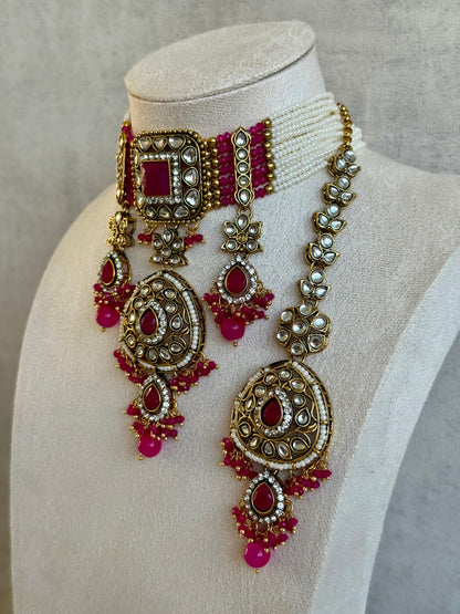 Ayura Designs Zarmeen Choker Set with Earrings & Tikka – Mirror-Cut Stones, Antique Gold Finish and Hot Pink Beads