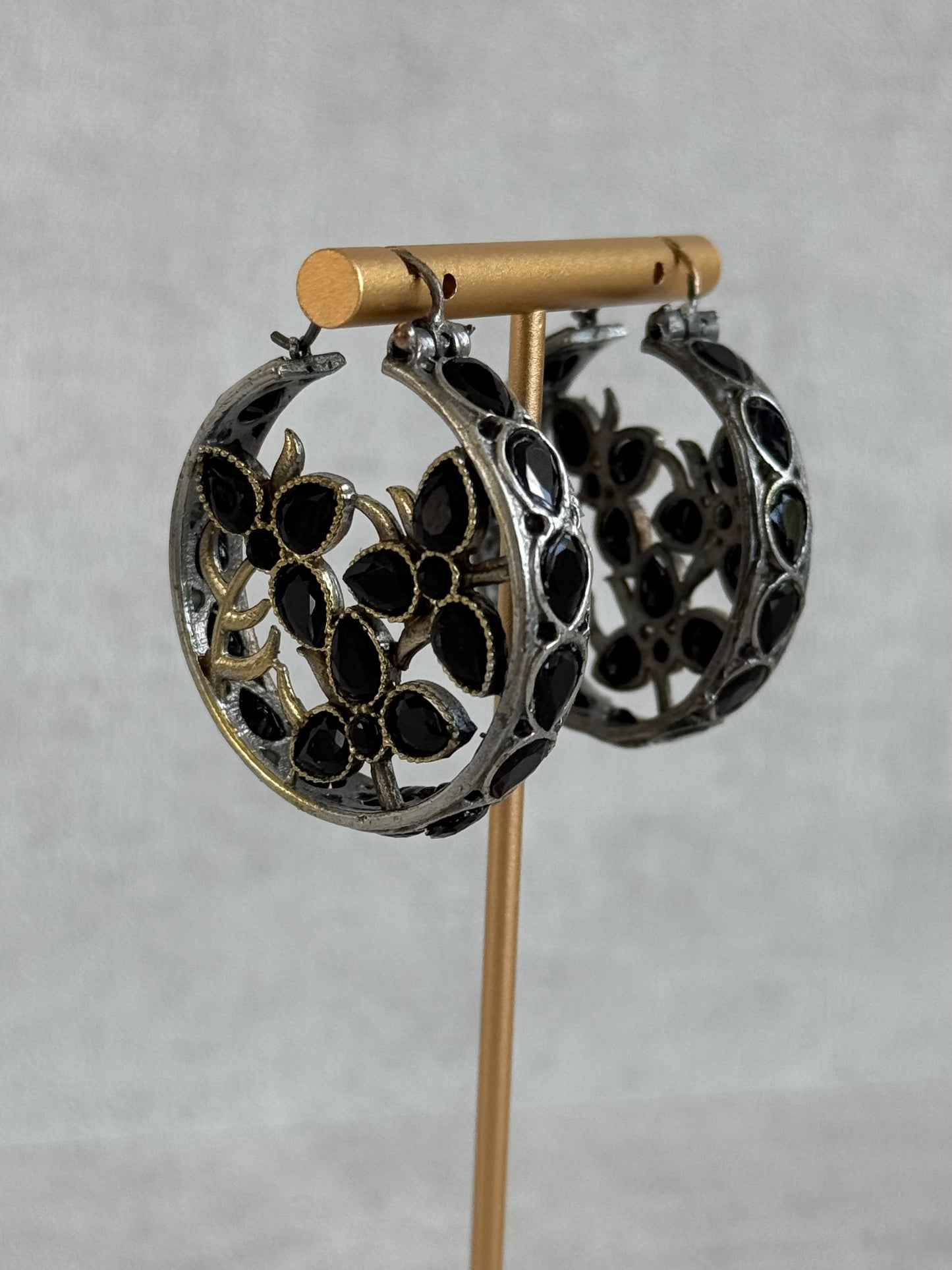 Ayura Designs Nureh Earrings – Dual Tone Floral Hoop Earrings with Black Stones & Cutwork Detailing