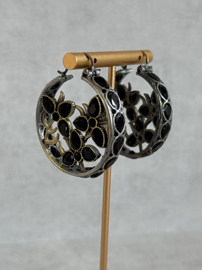 Ayura Designs Nureh Earrings – Dual Tone Floral Hoop Earrings with Black Stones & Cutwork Detailing