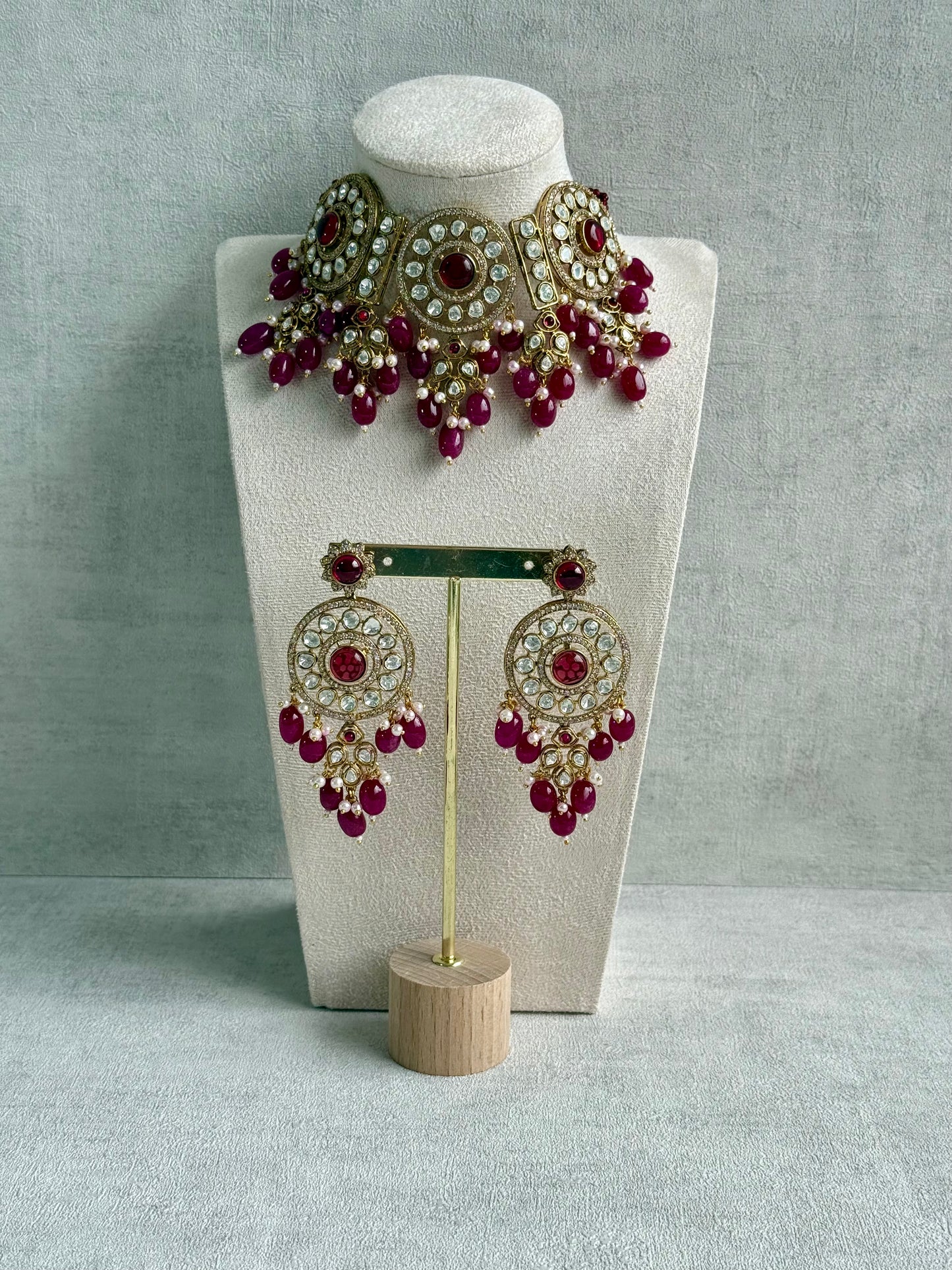 Ayura Designs Harper Set – Antique Gold Choker & Earrings with Deep Berry Pink Beads, Kundan Stones & Pearl Detailing
