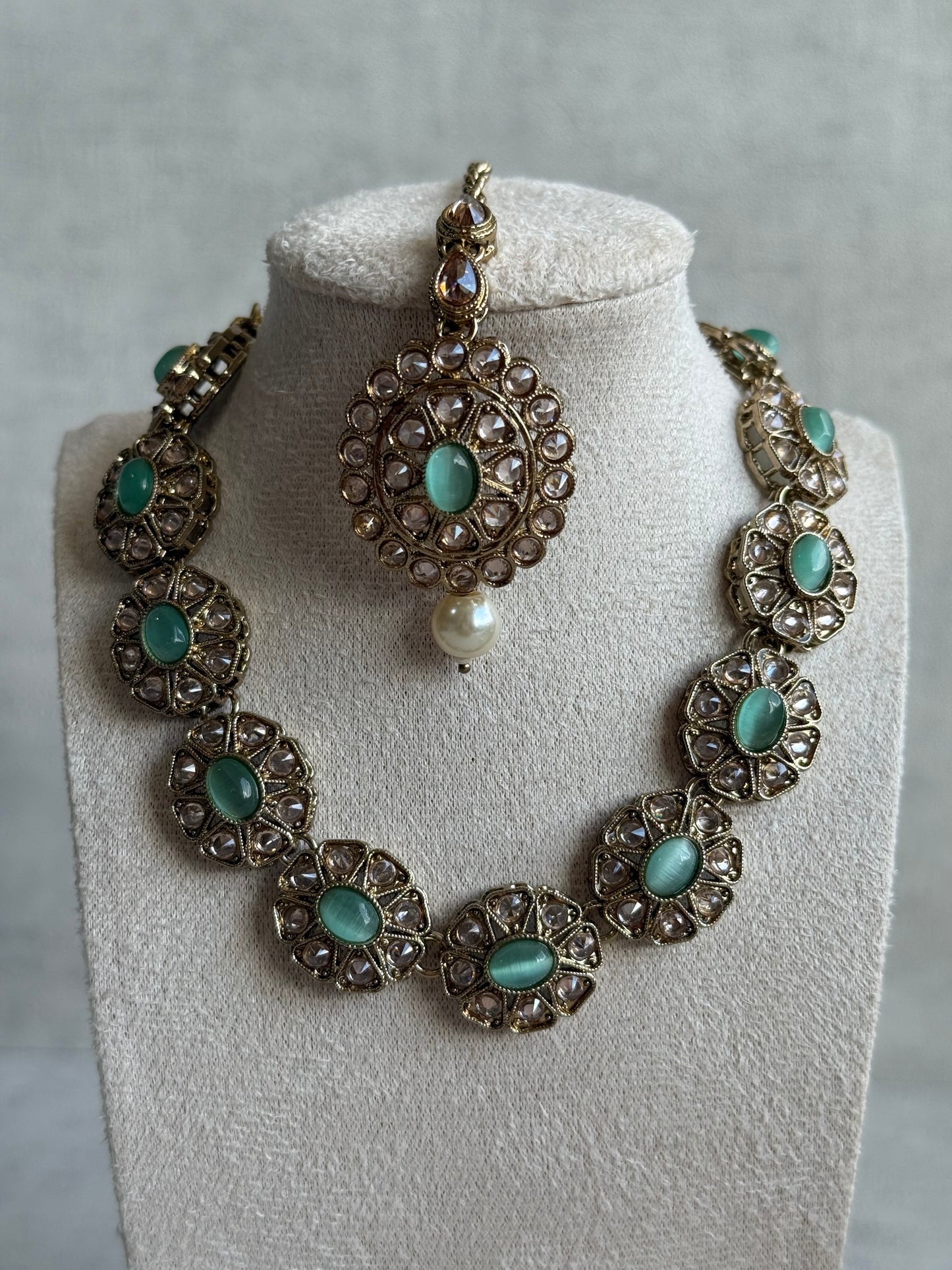 Ayura Designs Sania Set with Necklace, Earrings & Tikka – Ruby Red Stones, Kundan Detailing & Antique Gold Finish