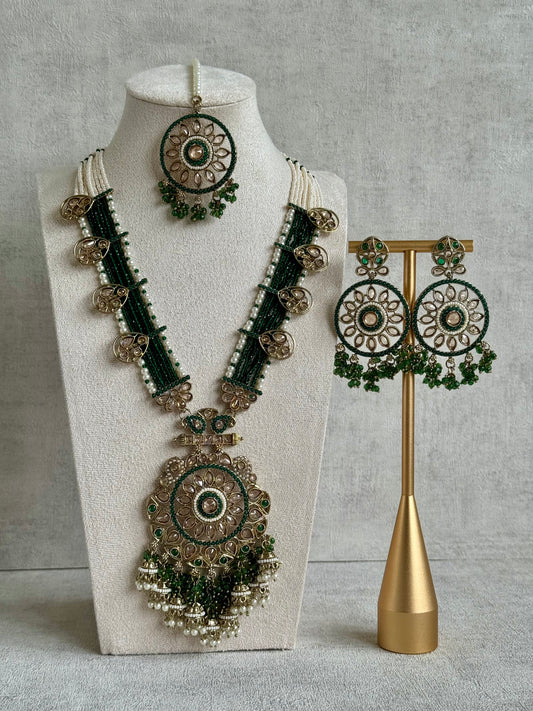 Ayura Designs Rida Set with Long Pearl & Emerald Green Beaded Necklace, Earrings & Tikka – Antique Gold Finish & Floral Kundan Detailing