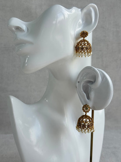 Ayura Designs Parul Jhumkis – Antique Gold with Multicolour Stones & Pearl Drops