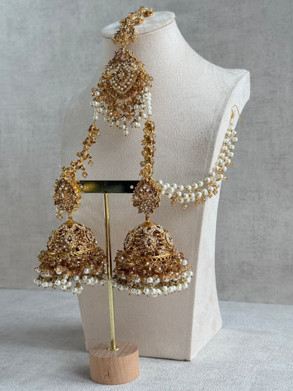 Ayura Designs Safia Tikka Set with Sahare Earrings – Champagne Gold Beads & Pearls