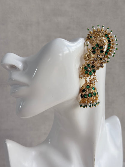 Ayura Designs Nitya Kaanphool Jhumkis – Gold Peacock Motifs, Emerald Green Kundan & Pearl Drops with Attached Sahare