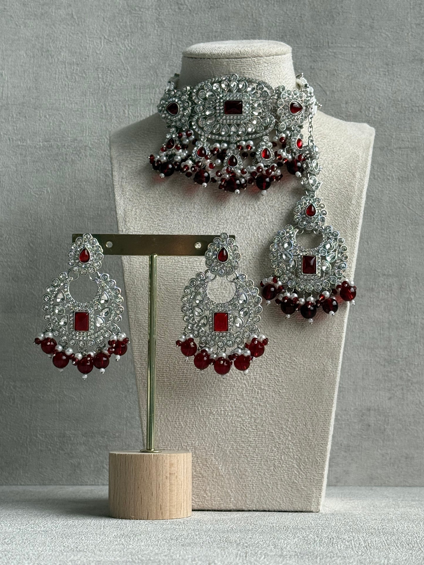 Ayura Designs Nandhini Set – Choker, Earrings & Tikka with Ruby Red Stones, Pearls & Silver Finish