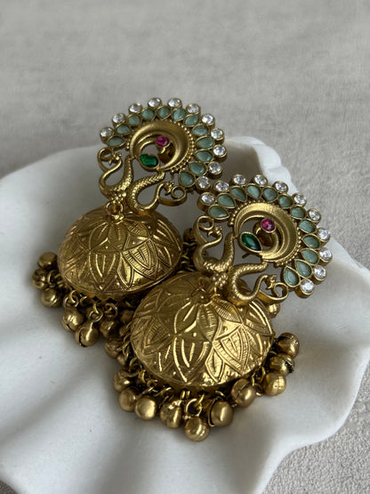 Ayura Designs Moraya Jhumkis – Mint Green Peacock Motif with Antique Gold Detailing