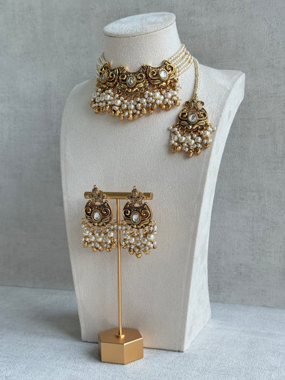 Ayura Designs Sneha Choker Set with Earrings & Tikka – Ivory Beads, Layered Pearl Detailing, Ghungroos & Antique Gold Finish