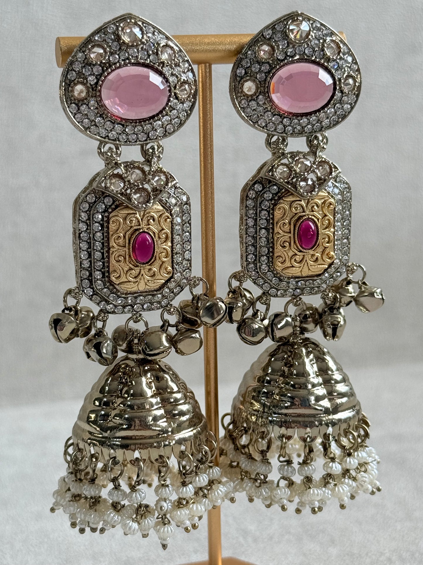 Ayura Designs Maara Jhumkis – Champagne Gold with Rose Pink & Rani Pink Stones, Crystals, Ghungroos & Pearl Detailing