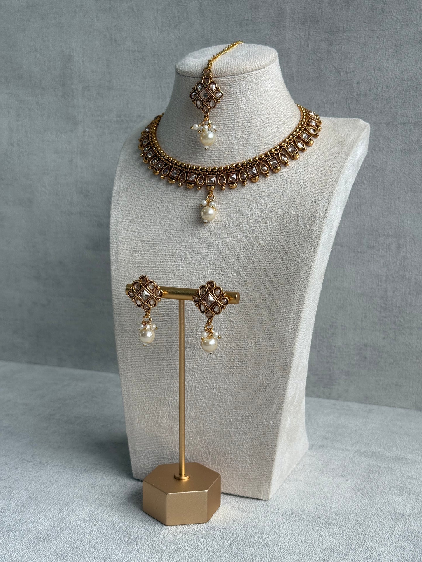 Ayura Designs Hima Set – Necklace, Earrings & Tikka with Mirror-Cut Stones, Pearl Drops & Polished Gold Finish