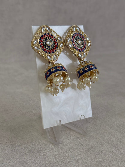 Ayura Designs Rangoli Jhumkis – Midnight Blue & Ruby Red Meenakari with Pearl Drops in Antique Gold Finish