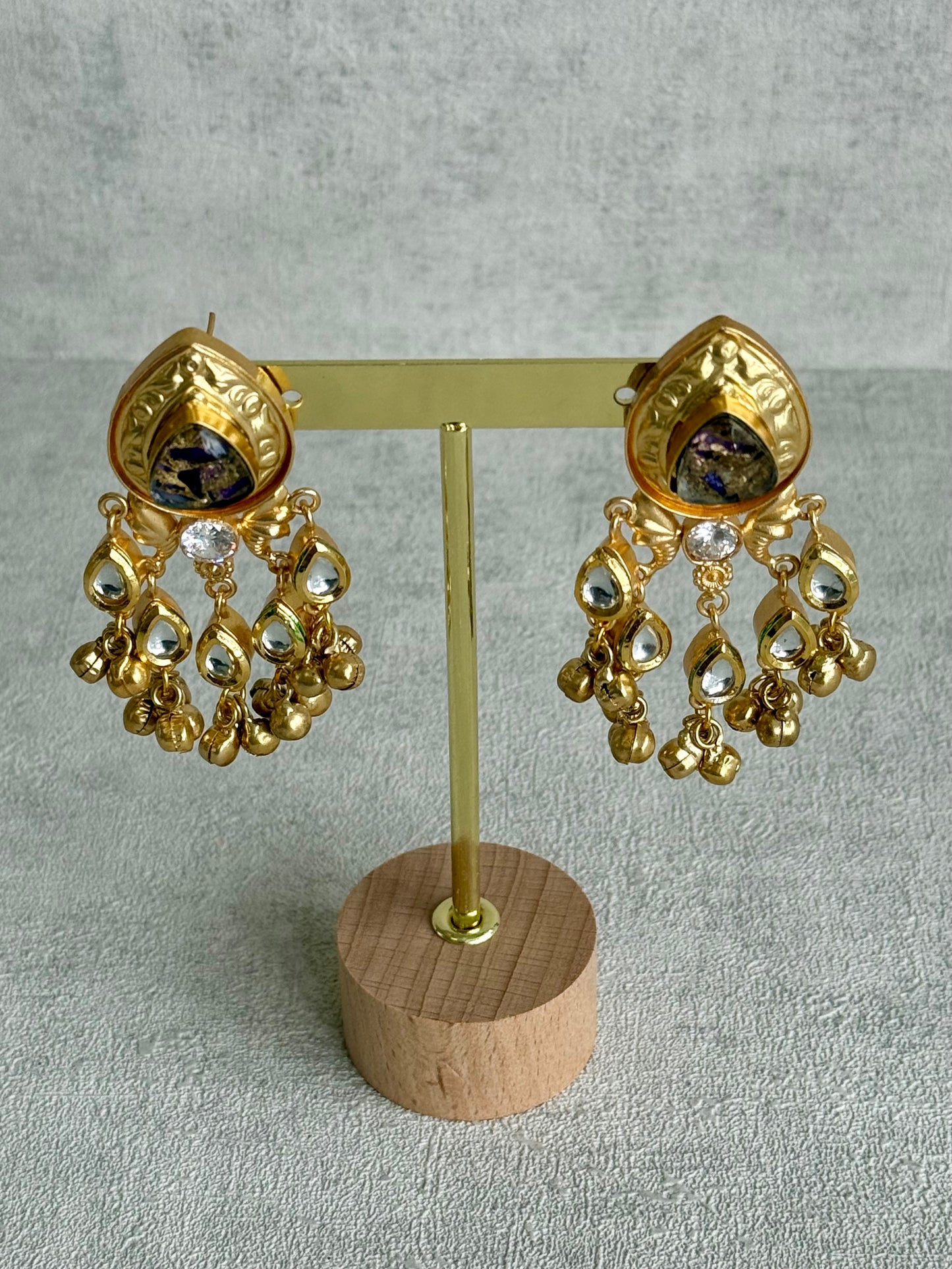 Ayura Designs Arheer Earrings – Violet & Gold Marble with Kundan Detailing & Antique Gold Ghungroos