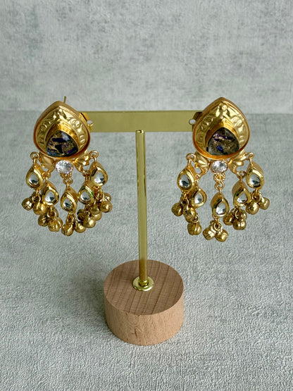 Ayura Designs Arheer Earrings – Violet & Gold Marble with Kundan Detailing & Antique Gold Ghungroos