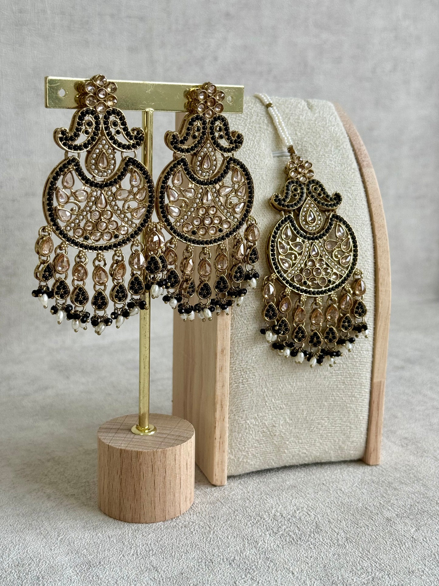 Ayura Designs Anvi Tikka Set with Earrings – Black with Champagne Stones & Pearl Drops