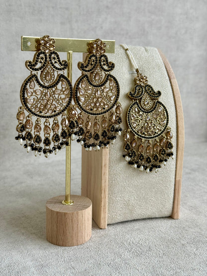 Ayura Designs Anvi Tikka Set with Earrings – Black with Champagne Stones & Pearl Drops