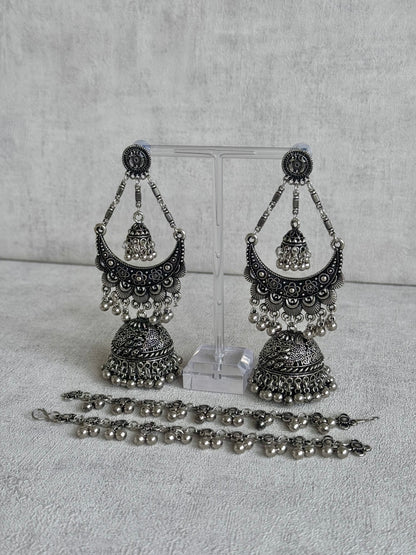 Ayura Designs Nazaakat Jhumkas - Oxidised Silver Earrings with Detachable Sahare | Antique Finish