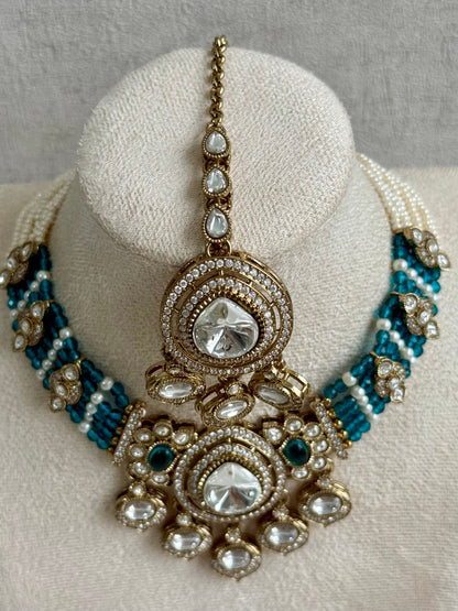 Ayura Designs Rahi Necklace Set with Earrings & Tikka – Teal Blue Stones with Mirror-Cut Detailing & Pearl Strands