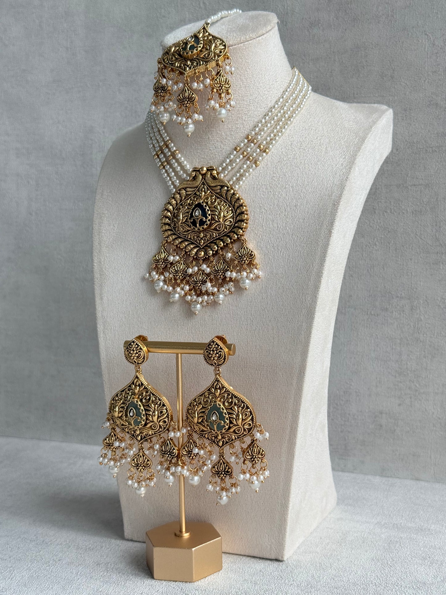 Ayura Designs Afia Necklace Set with Earrings & Tikka – Antique Gold, Ivory Pearls, Green Centre Stone & Peacock Motifs