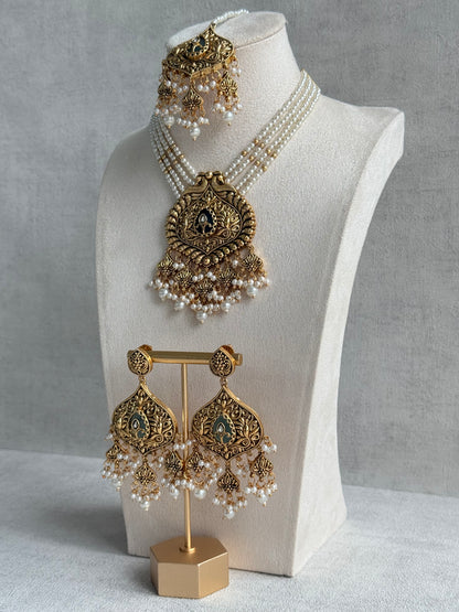 Ayura Designs Afia Necklace Set with Earrings & Tikka – Antique Gold, Ivory Pearls, Green Centre Stone & Peacock Motifs