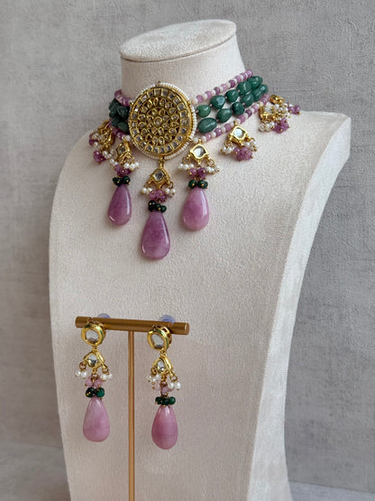 Ayura Designs Rabeeya Kundan Choker Set with Earrings – Blush Pink & Emerald Green Bead Detailing
