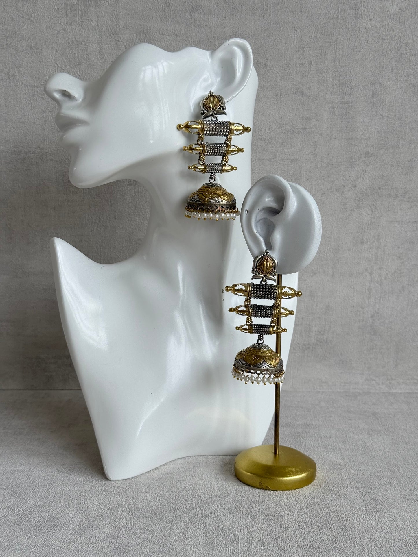 Ayura Designs Tehzeeb Earrings – Dual Tone Oxidised Statement Jhumkis with Pearl Detailing