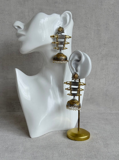 Ayura Designs Tehzeeb Earrings – Dual Tone Oxidised Statement Jhumkis with Pearl Detailing