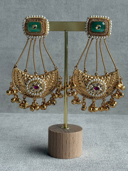 Ayura Designs Jheel Earrings – Pistachio Half-Moon Drops with Pearl Edging & Golden Ghungroos