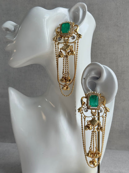 Ayura Designs Jaid Earrings – Jade Green Floral Motif with Layered Chains & Ghungroos