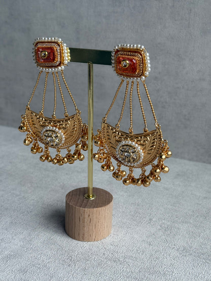 Ayura Designs Jheel Earrings – Amber Half-Moon Drops with Pearl Edging & Golden Ghungroos