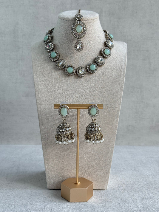 Ayura Designs Eira Necklace Set with Earrings & Tikka – Mint Green & Crystal Stones with Antique Gold Finish