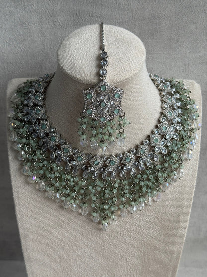 Ayura Designs Rayna Set – Necklace, Jhumkis & Tikka with Mint Green Beads, Mirror-Cut Stones & Silver Finish
