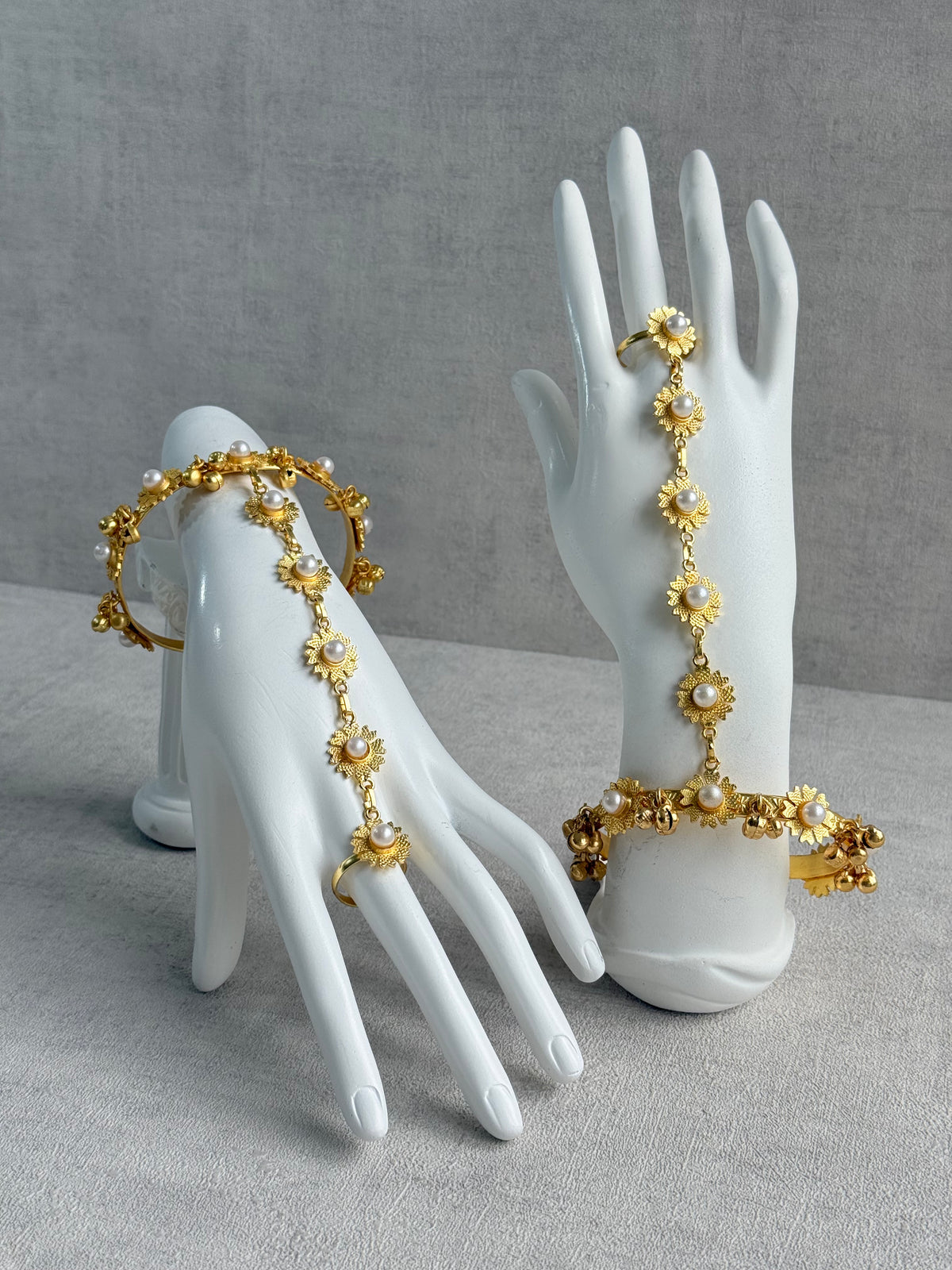 Ayura Designs Avanti Haathphool Set of 2 – Gold Finish Floral Hand Harness with Ivory Pearls & Ghungroo Detailing