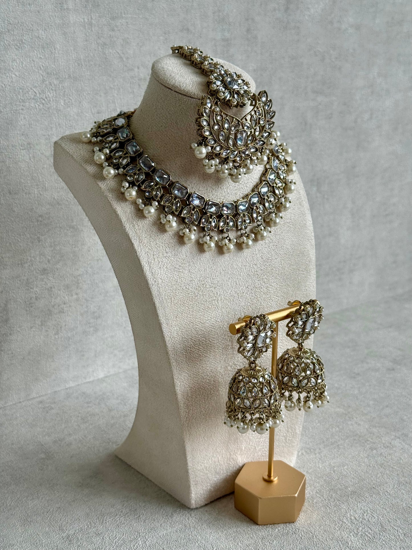 Ayura Designs Sufia Set – Antique Gold Necklace, Mirror-Cut Stones, Jhumkis & Tikka with Pearl Detailing