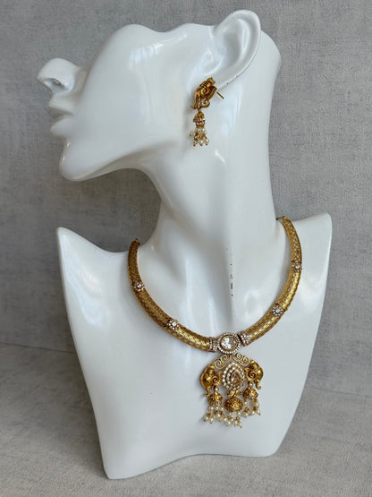 Ayura Designs Wadha Collar Necklace Set with Earrings – Gold Elephant Pendant & White Crystal Detailing