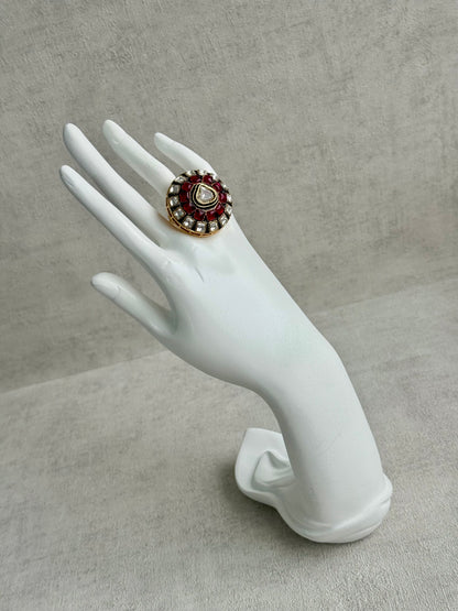 Ayura Designs Zaib Adjustable Ring – Mirror-Cut Stone with Green Enamel, Ruby Pink Accents & Crystal Detailing