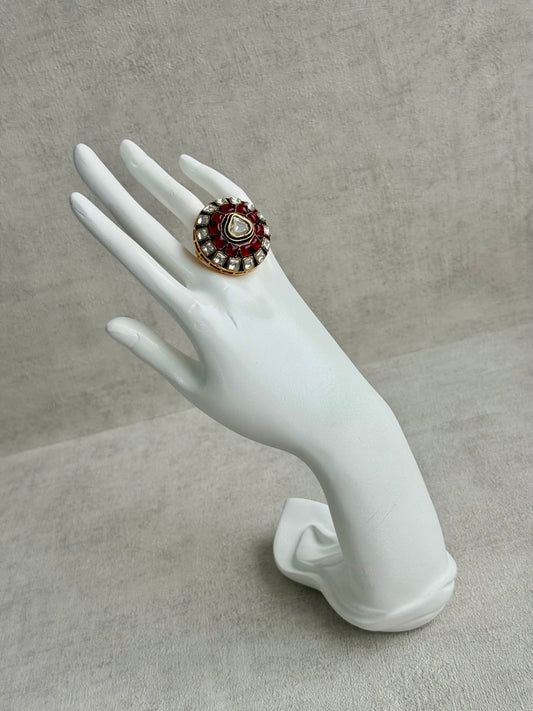 Ayura Designs Zaib Adjustable Ring – Mirror-Cut Stone with Green Enamel, Ruby Pink Accents & Crystal Detailing