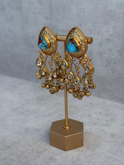 Ayura Designs Arheer Earrings – Turquoise Marble with Kundan Detailing & Antique Gold Ghungroos