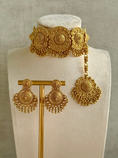 Ayura Designs Rami Choker Set with Earrings & Tikka – Antique Gold Medallions with Ghungroo Drops