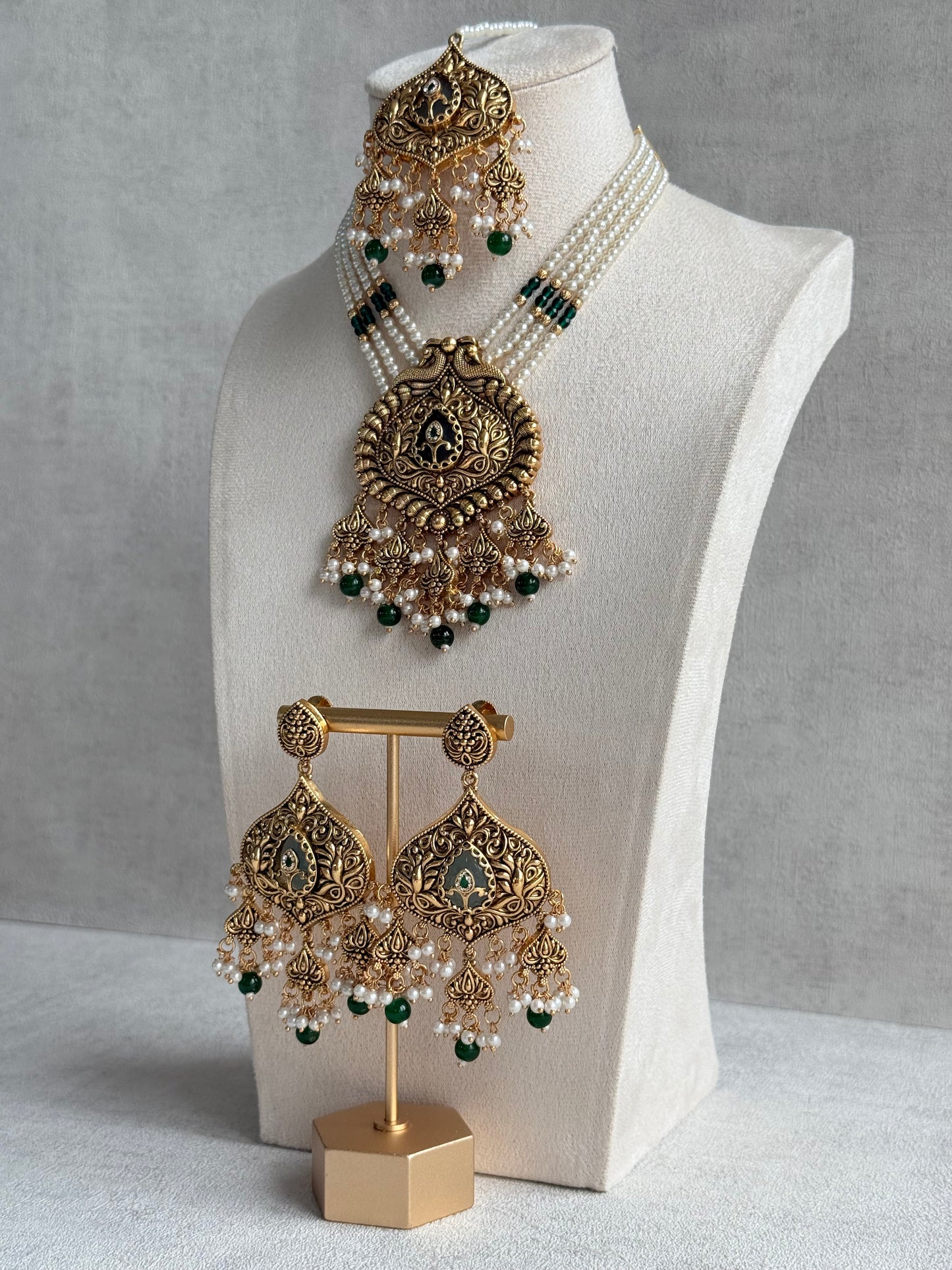 Ayura Designs Afia Necklace Set with Earrings & Tikka – Antique Gold, Emerald Green Beads, Green Centre Stone & Peacock Motifs