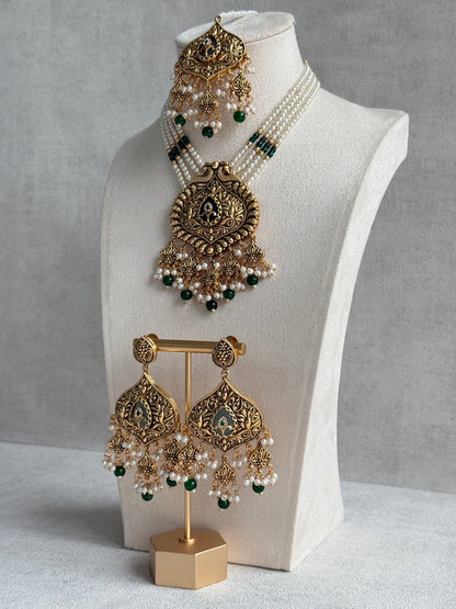 Ayura Designs Afia Necklace Set with Earrings & Tikka – Antique Gold, Emerald Green Beads, Green Centre Stone & Peacock Motifs