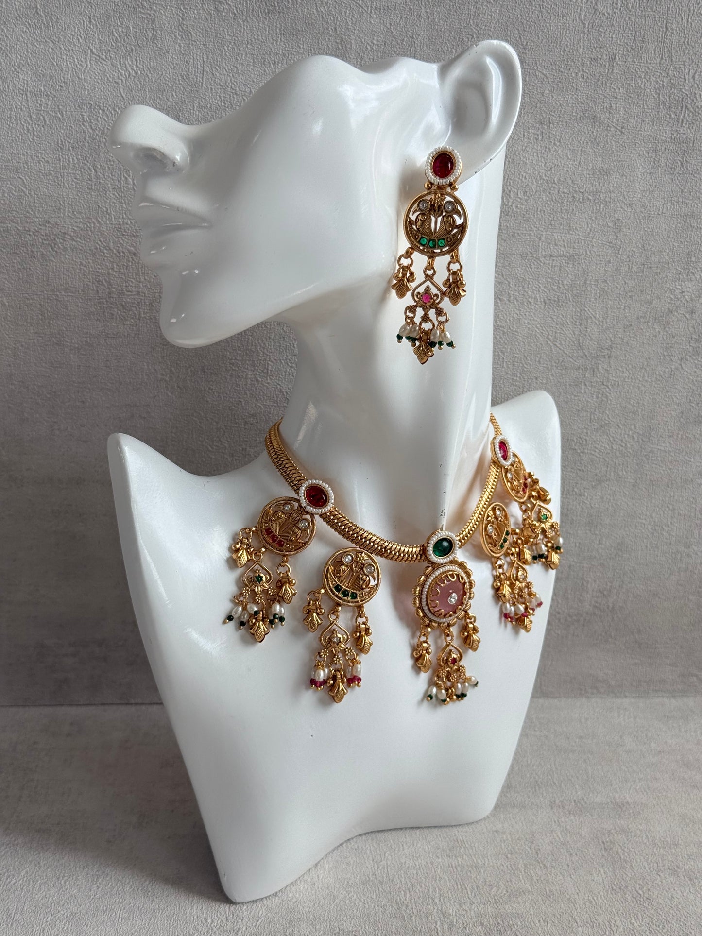 Ayura Designs Parchhai Necklace Set with Earrings – Rose Pink, Ruby Red & Emerald Green Stones, Bird Motifs & Pearl Detailing