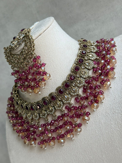 Ayura Designs Dilnaz Necklace Set with Earrings, Tikka & Passa – Berry Pink & Champagne Crystal Beads & Antique Gold Finish