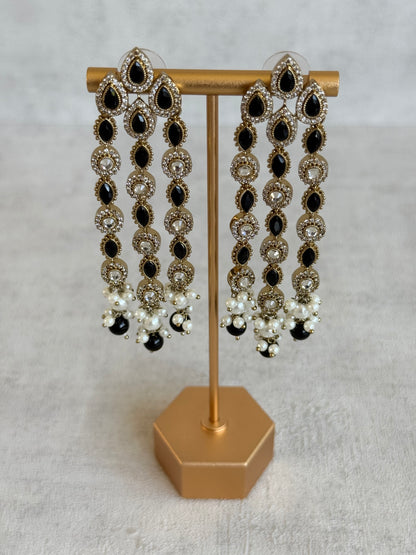 Ayura Designs Emilia Earrings – Gold Triple Strand Statement Earrings with Black Stones & Pearl Drops