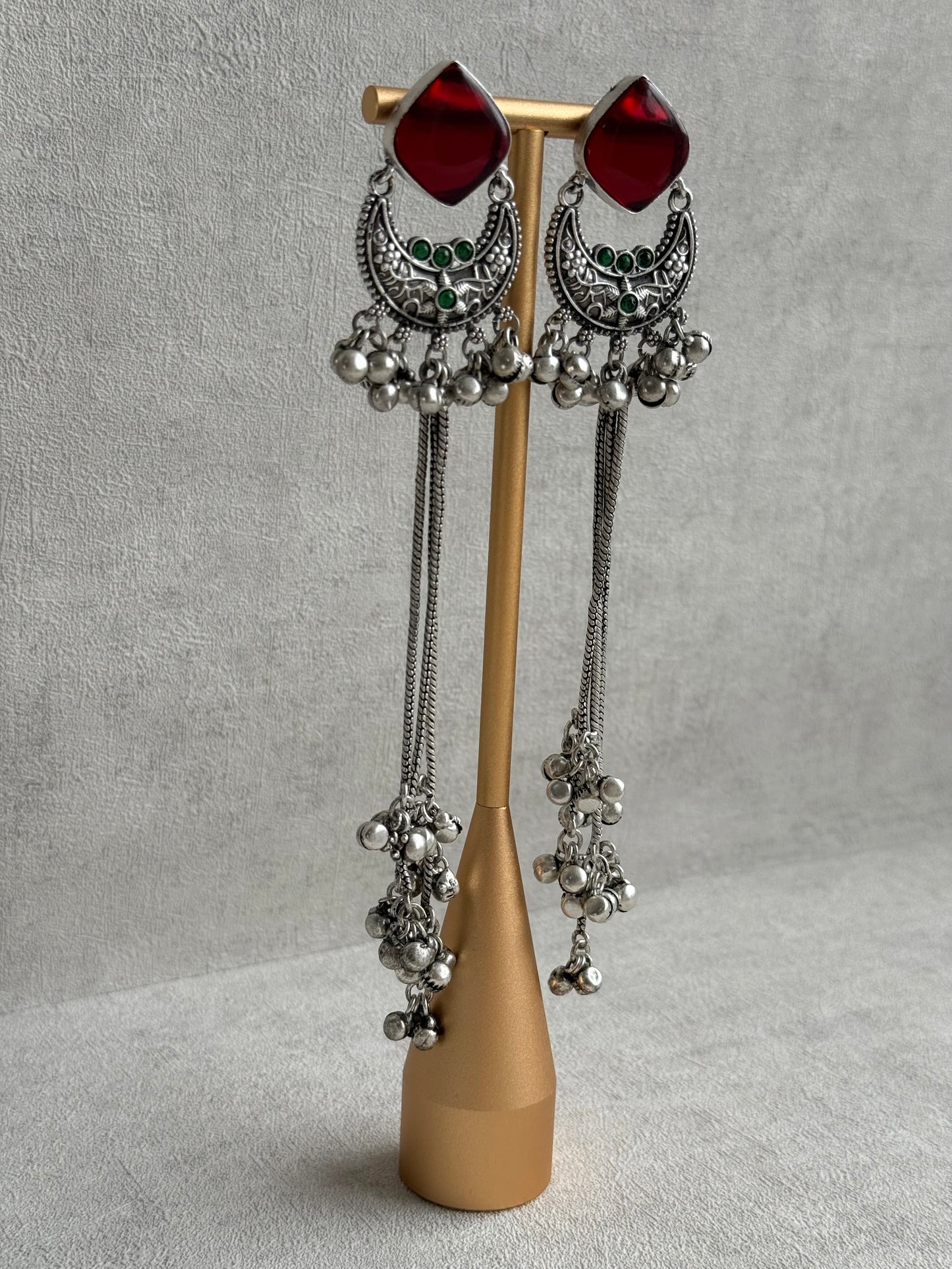 Ayura Designs Zarfa Earrings – Oxidised Earrings with Ruby Red Stones, Hanging Ghungroo Chains & Crescent Detailing